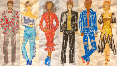 Life size fashion illustrations flanked the stage at PC's 2024 fashion show