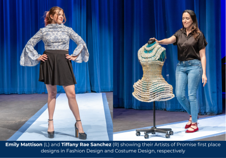 Phoenix College Students, Emily Mattison and Tiffany Sanchez, showcase their Artists of Promise first-place designs in Fashion Design and Costume design respectively.