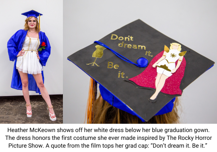 Costume designer Heather McKeown shows off her dress and decorated cap with a quote from the Rocky Horror Pictures Show which inspired the first costume Heather made 