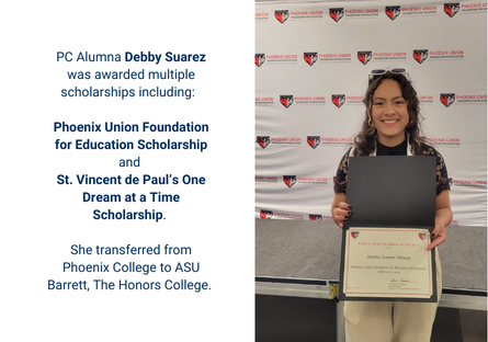 Debby Suarez stands in front of a Phoenix Union Foundation backdrop with a certificate of her scholarship.