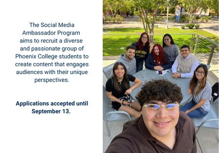 A group of Phoenix College student gather around a table outside as another student takes a group selfie. 